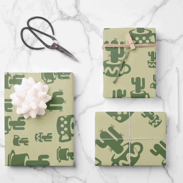 Succulent cactus silhouette in cups and pots  wrapping paper sheet (Front)