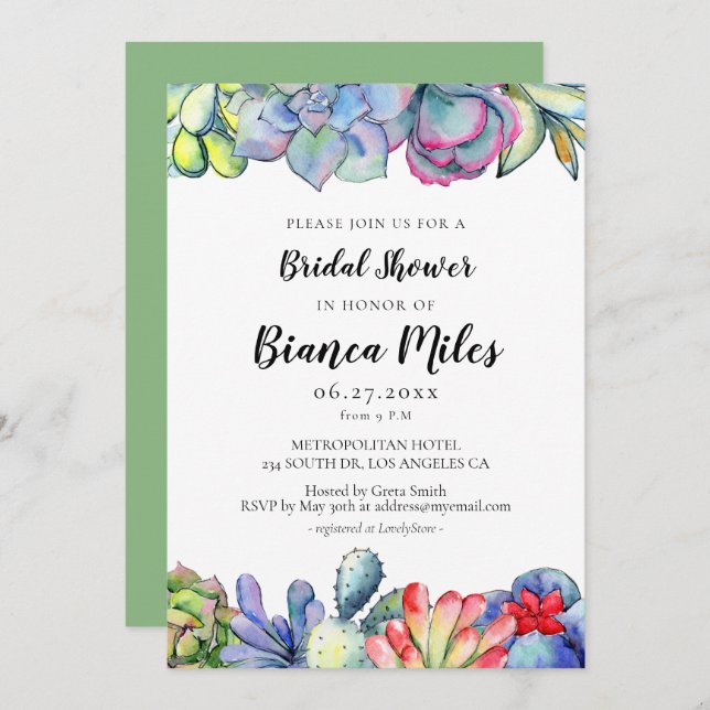 Succulent cactus watercolor Bridal shower Invitation (Front/Back)