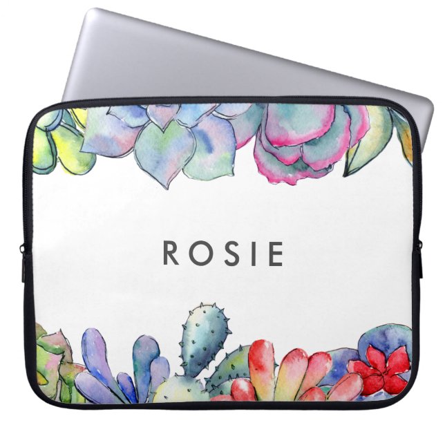 Succulent cactus watercolor laptop sleeve (Front)