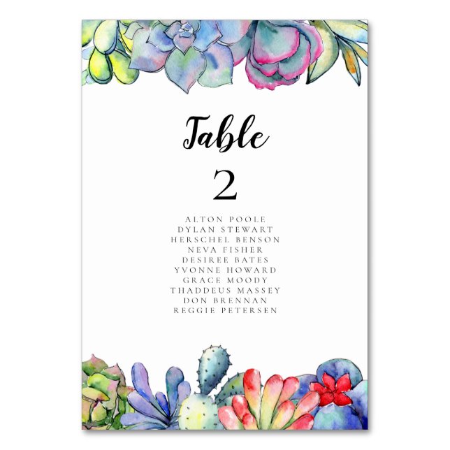 Succulent cactus watercolor seating chart cards (Front)