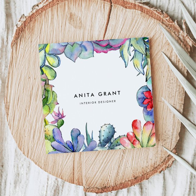 Succulent cactus watercolor square business card (Creator Uploaded)