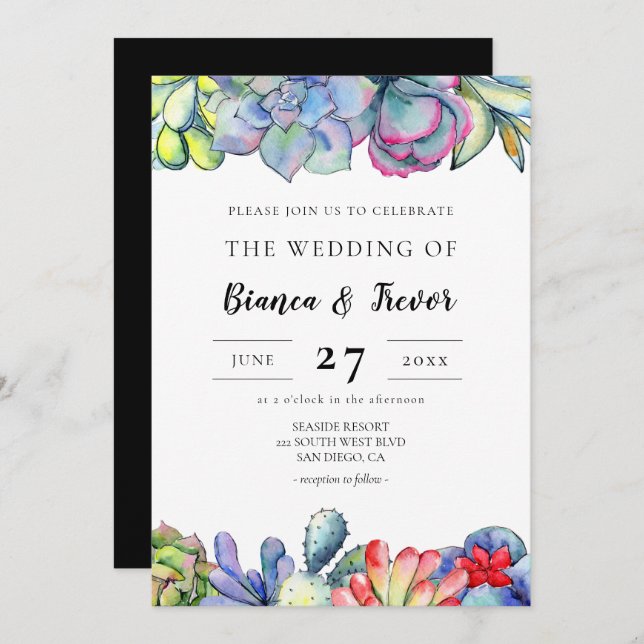 Succulent cactus watercolor wedding invitation (Front/Back)