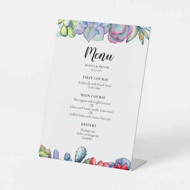 Succulent cactus watercolor wedding menu pedestal sign (Front)
