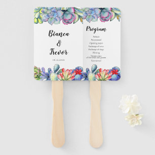 Succulent cactus watercolor wedding program hand fan
