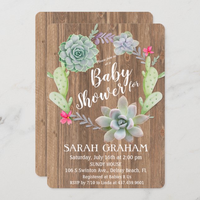 Succulent Cactus Wreath Baby Shower Invitation (Front/Back)