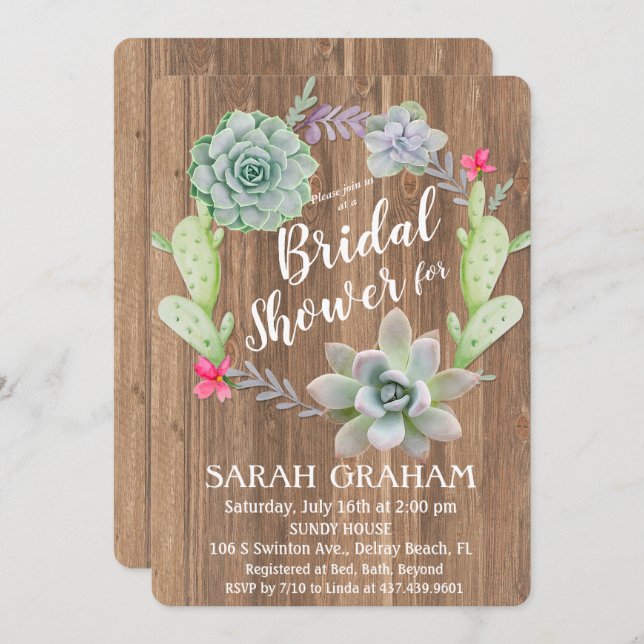 Succulent Cactus Wreath Bridal Shower Invitation (Front/Back)