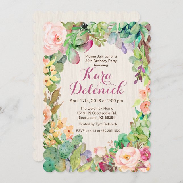 Succulent Floral Cactus Birthday Party Invitation (Front/Back)