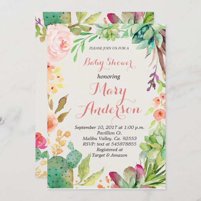 Succulent Floral Cactus Invitation (Front/Back)