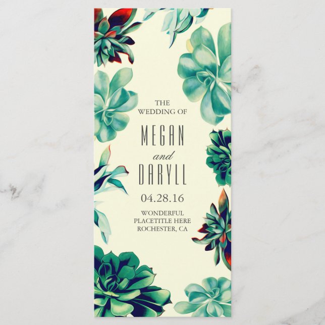 Succulent Floral Teal Wedding Programs Programme (Front)