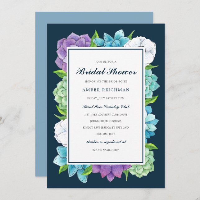 Succulent Florals Bridal Shower Invitation | Navy (Front/Back)