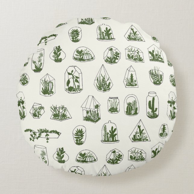 Succulent Florarium: Vintage Geometric Design. Round Cushion (Front)