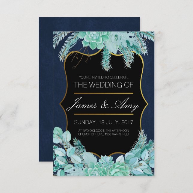 Succulent Flower - Green Blue - Wedding Invitation (Front/Back)