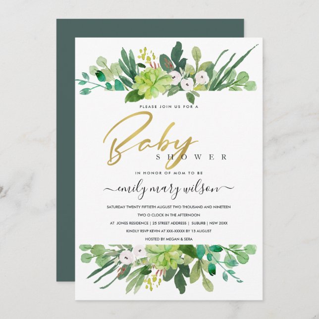SUCCULENT FOLIAGE WREATH WATERCOLOR BABY SHOWER INVITATION (Front/Back)