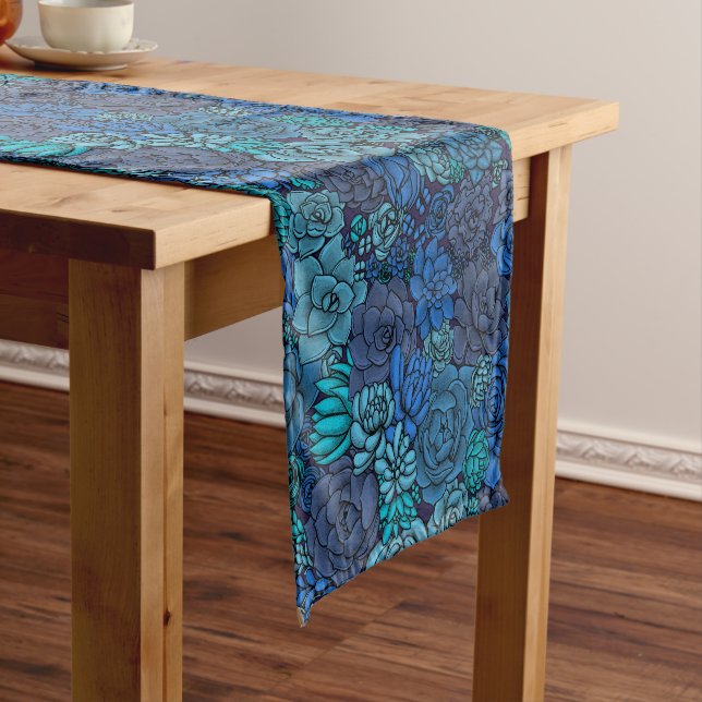Succulent garden in blue short table runner (In Situ)