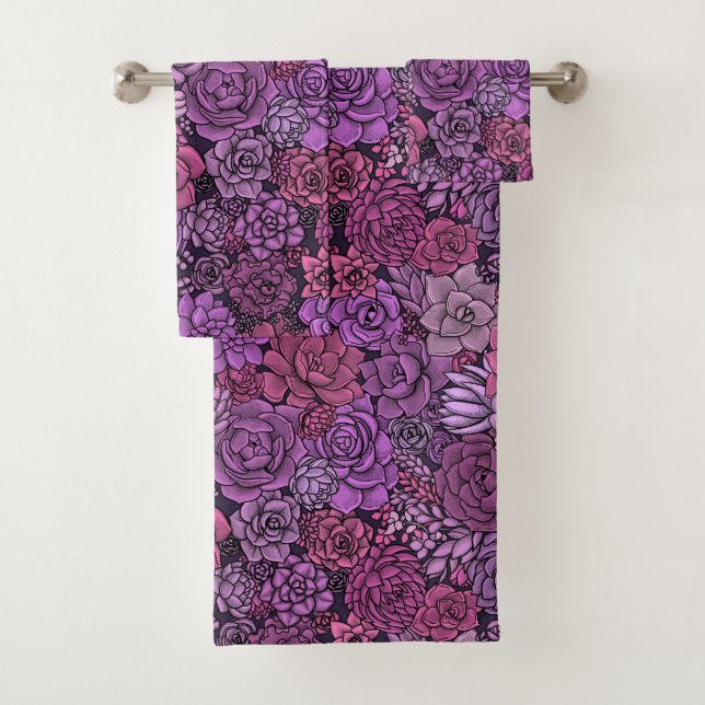 Succulent garden in pink and violet bath towel set (Insitu)