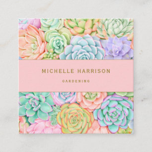 Succulent Garden Watercolor Colourful Pastel Pink Square Business Card