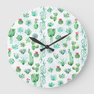 Succulent Garden: Watercolor Seamless Background. Large Clock