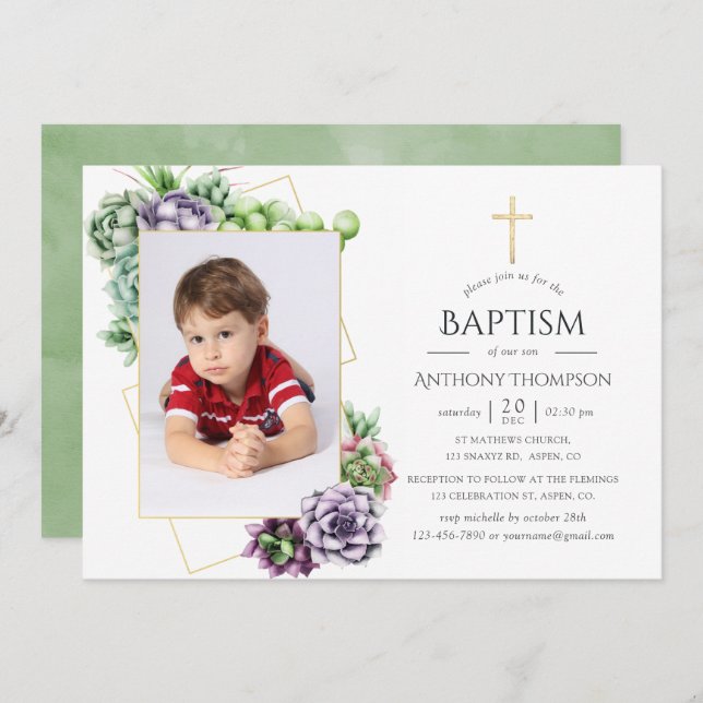 Succulent Geometric Baptism or Christening Invitation (Front/Back)