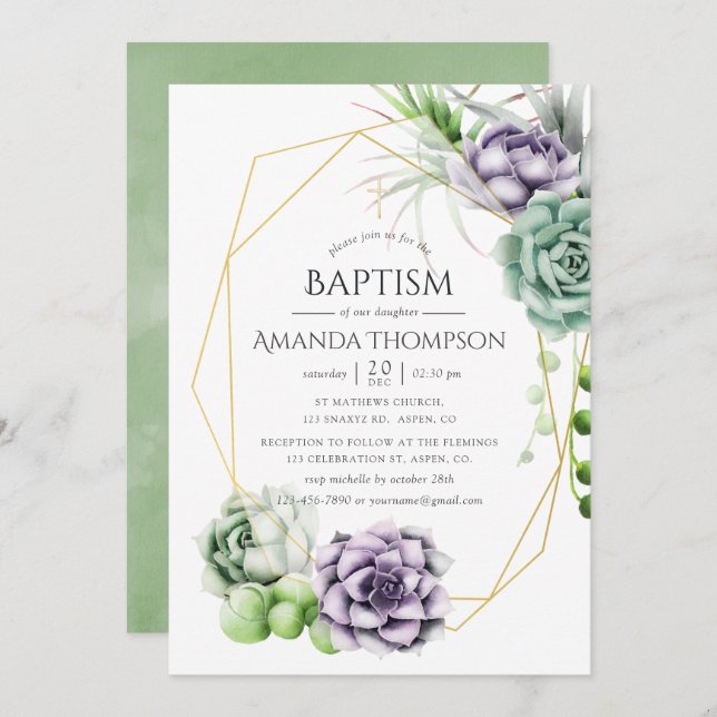 Succulent Geometric Baptism or Christening Invitation (Front/Back)