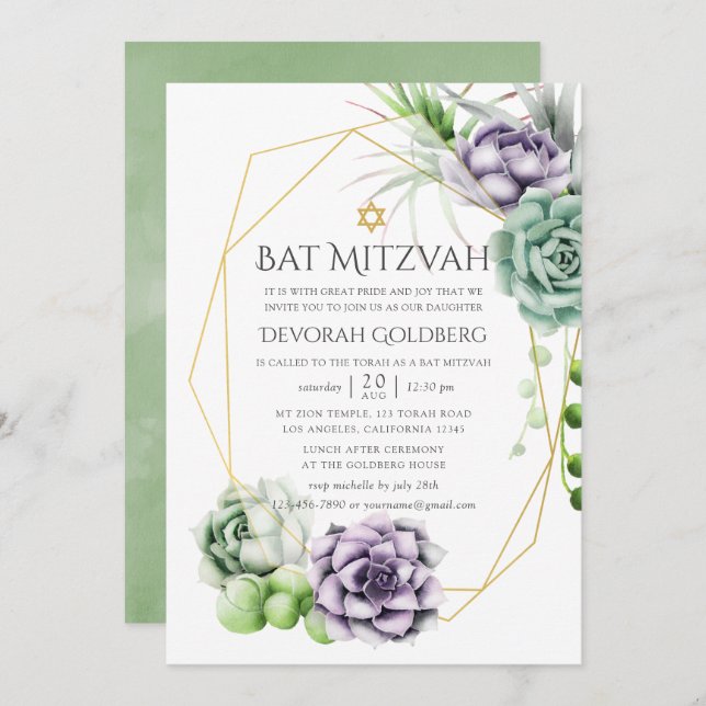 Succulent Geometric Bat Mitzvah Invitation (Front/Back)