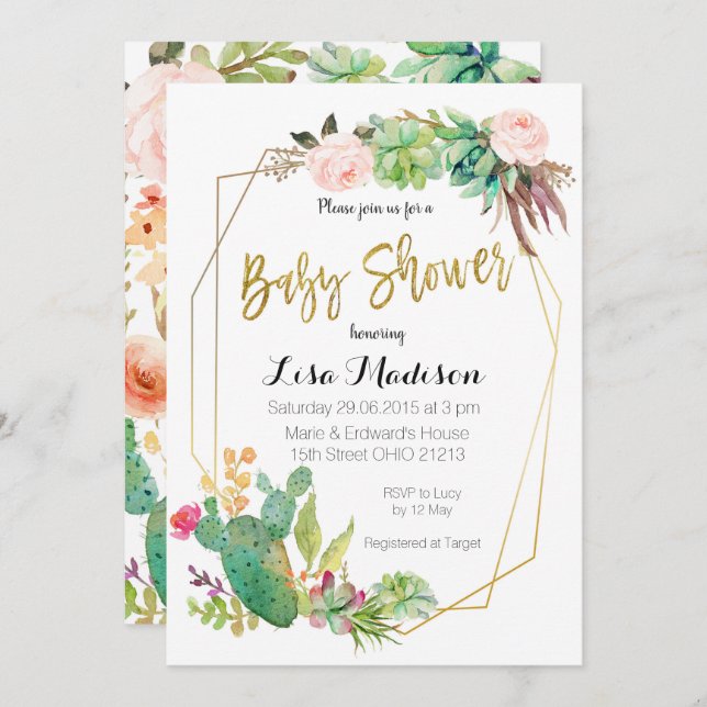 Succulent Geometric Frame Baby Shower Invitation (Front/Back)