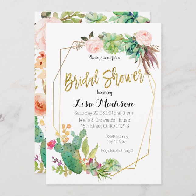 Succulent Geometric Frame Bridal Shower Invitation (Front/Back)