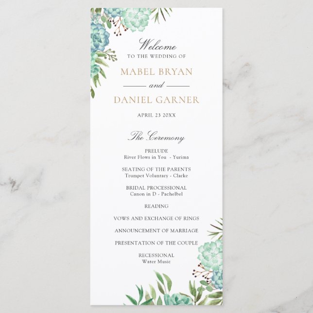 Succulent Geometric Frame Greenery Wedding Program Programme (Front)