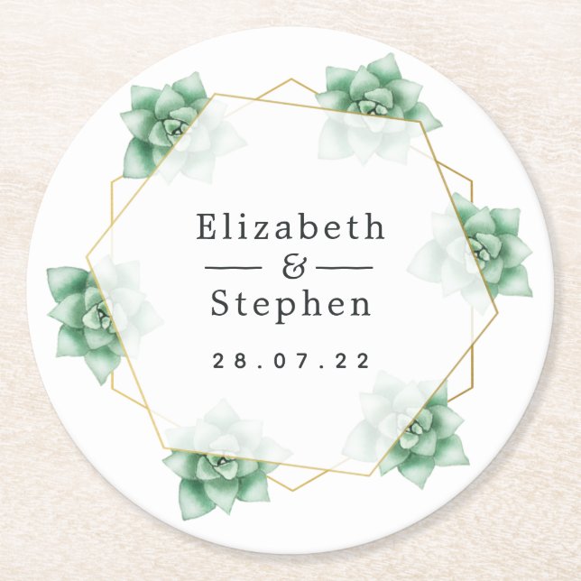 Succulent Geometric Round Paper Coaster (Front)