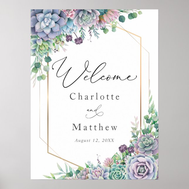Succulent Gold Frame Wedding Welcome Sign (Front)