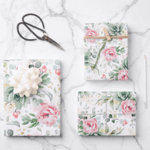 Succulent Gold Greenery and Pink Flowers Elegant Wrapping Paper Sheet