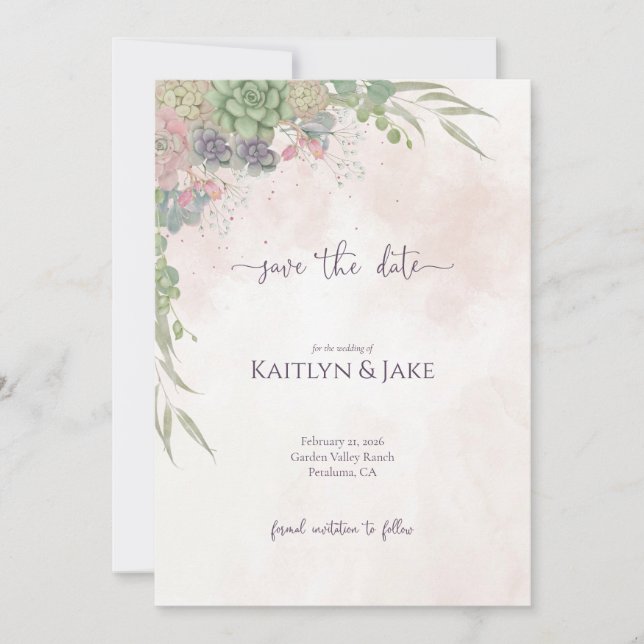 Succulent Green and Blush Save the Date (Front)
