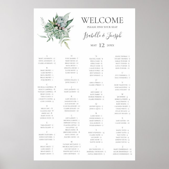 Succulent Greenery | Alphabetical Seating Chart (Front)