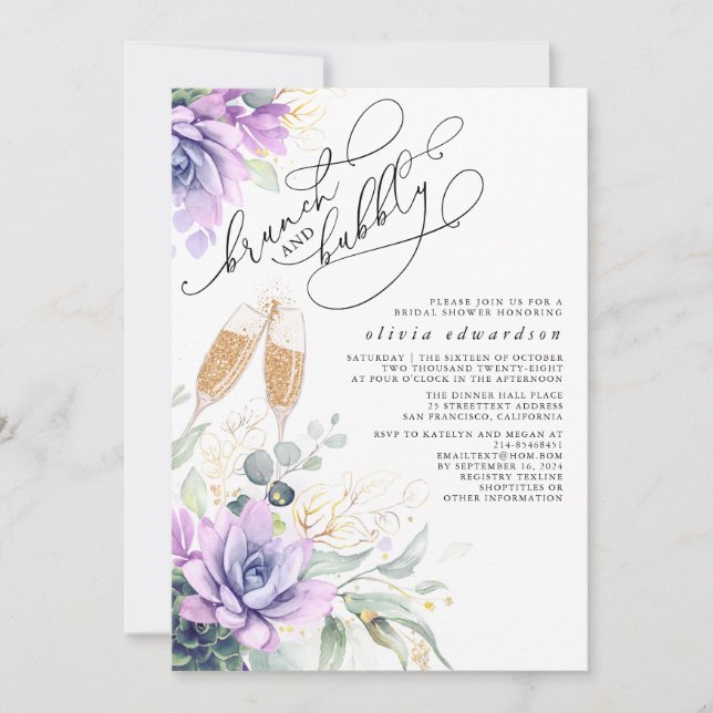 Succulent Greenery Brunch and Bubbly Bridal Shower Invitation (Front)