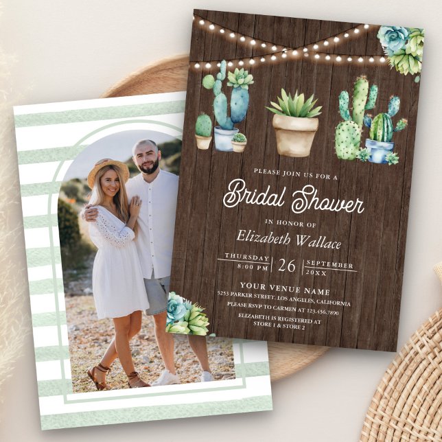 Succulent Greenery Cactus Pots Wood Bridal Shower Invitation (Creator Uploaded)