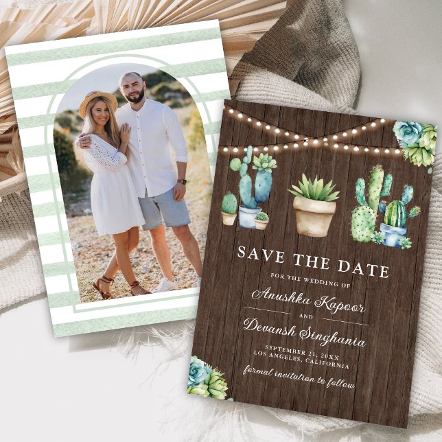 Succulent Greenery Cactus Pots Wood Photo Wedding Save The Date (Creator Uploaded)