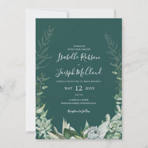 Succulent Greenery Dark Green All In One Wedding Invitation