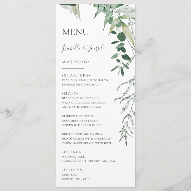 Succulent Greenery Dark Green Wedding Dinner Menu (Front)