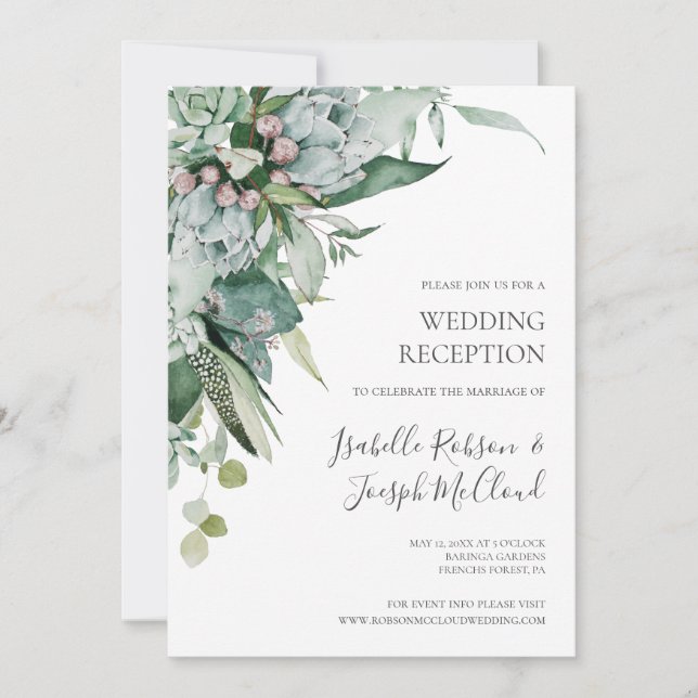 Succulent Greenery | Dark Green Wedding Reception Invitation (Front)