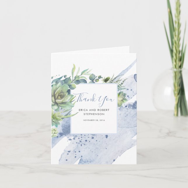 Succulent Greenery Dusty Blue Thank You Card (Front)