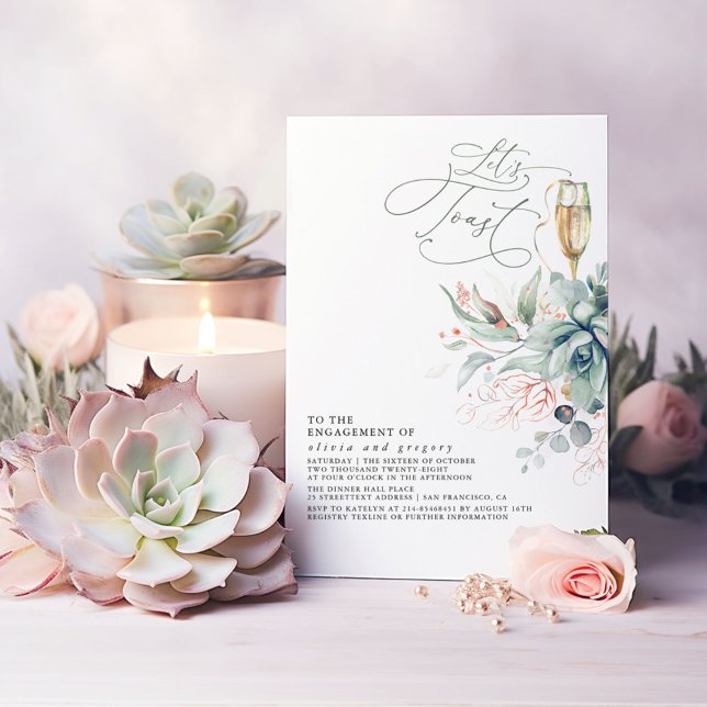 Succulent Greenery Elegant Leaves Engagement Party Invitation (Greenery and Pink Gold Elegant Engagement Party Invitation Let's Toast)