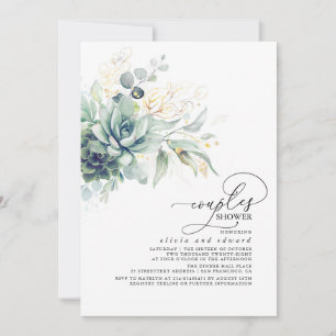Succulent Greenery Gold Leaves Boho Couples Shower Invitation