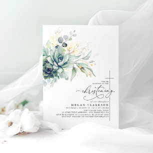 Succulent Greenery Gold Leaves Elegant Christening Invitation