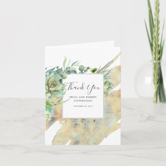Succulent Greenery Golden Modern Thank You Card (Front)