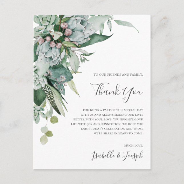 Succulent Greenery Green Thank You Reception Card (Front)