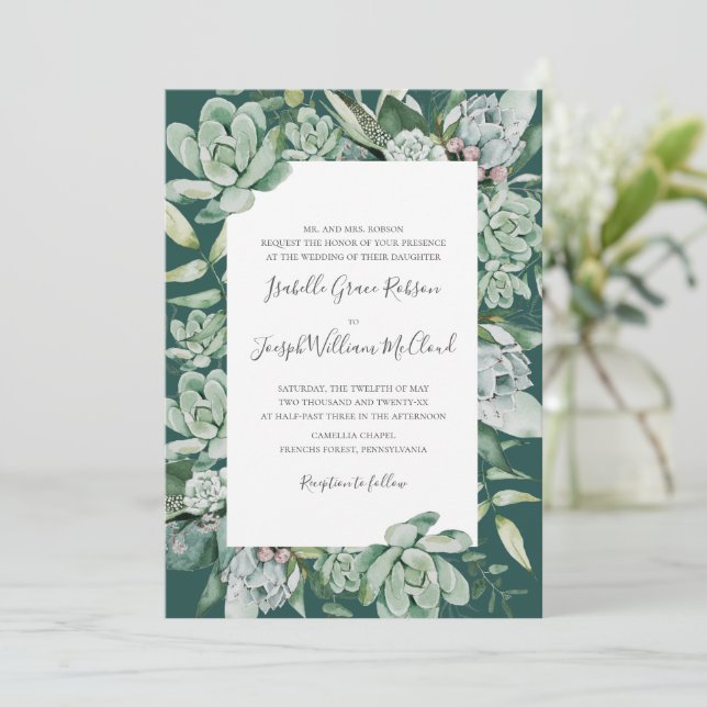 Succulent Greenery | Green Traditional Full Name Invitation (Standing Front)
