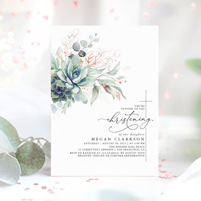 Succulent Greenery Leaves Elegant Christening Invitation (Christening Invitation with Greenery for Girl)