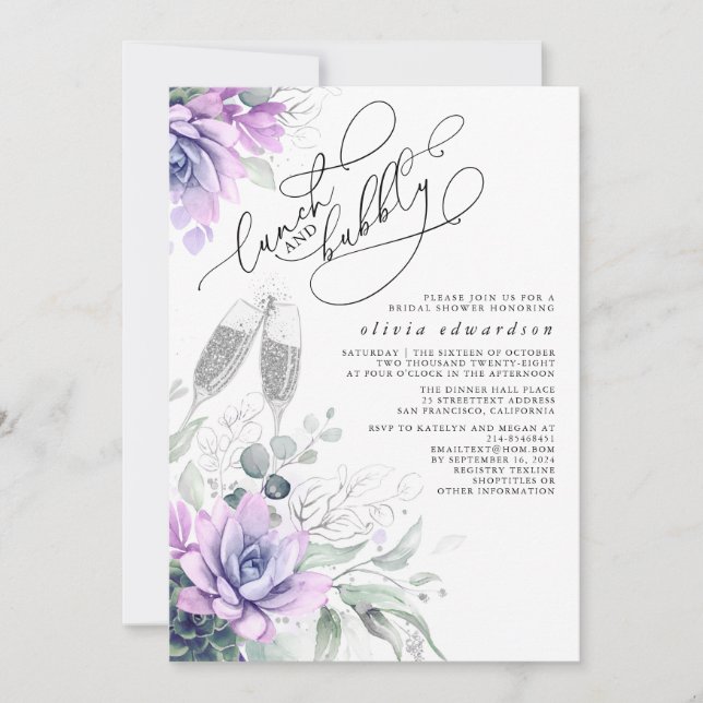 Succulent Greenery Lunch and Bubbly Bridal Shower Invitation (Front)