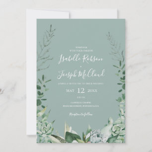 Succulent Greenery Sage Green All In One Wedding Invitation