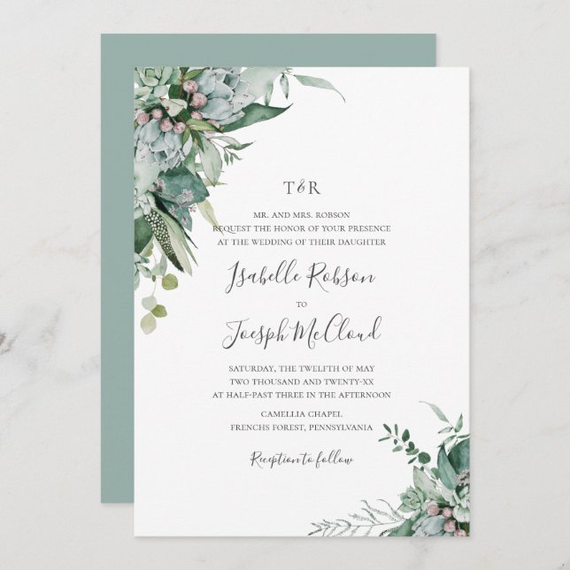 Succulent Greenery Sage Green Monogram Wedding Invitation (Front/Back)