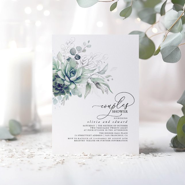 Succulent Greenery Silver Leaves Couples Shower Invitation (Silver Succulents Greenery Couples Shower Invitations)